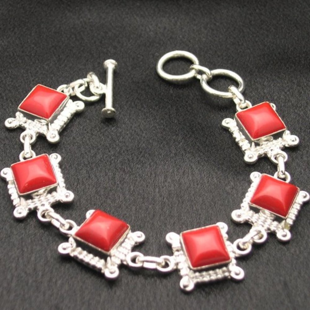New Sterling Silver Red Coral Cab Bracelet